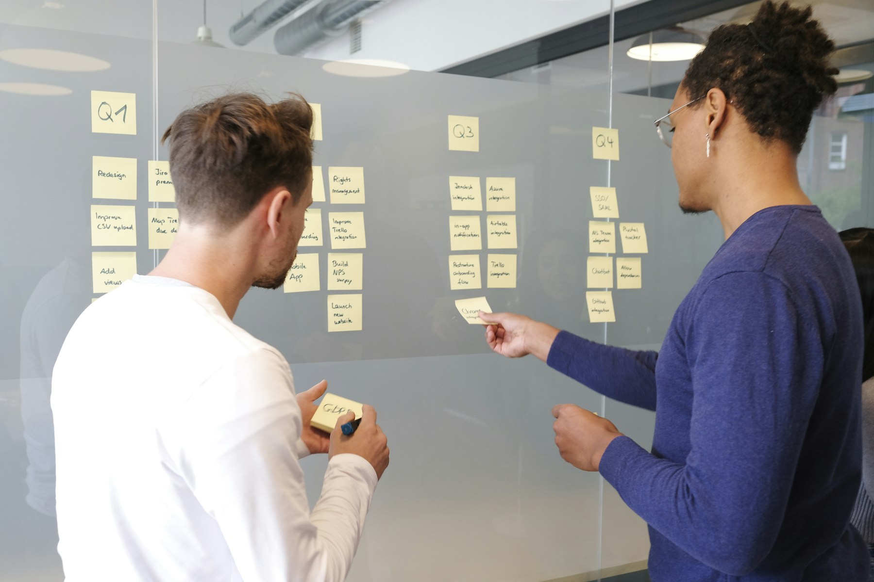 Team planning a sales strategy with sticky notes